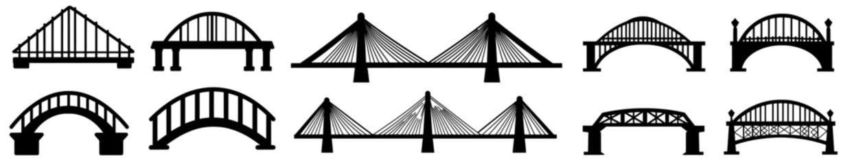 Modern black bridges icons isolated on white urban construction silhouettes become modern black bridge icons on a white background with urban construction silhouettes