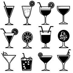 Modern black icons of cocktails and drinks include illustrations of alcohol and cocktails with straws and fruit