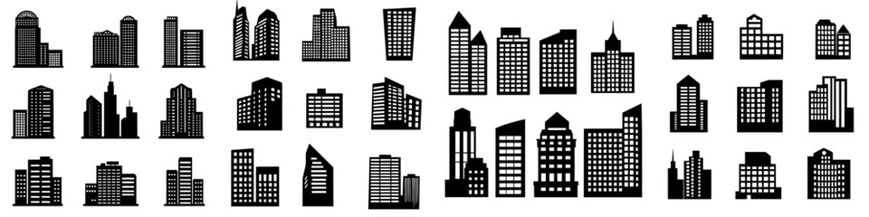 Obraz premium Modern commercial structures symbolizing contemporary times are depicted as dark silhouettes against a plain white background