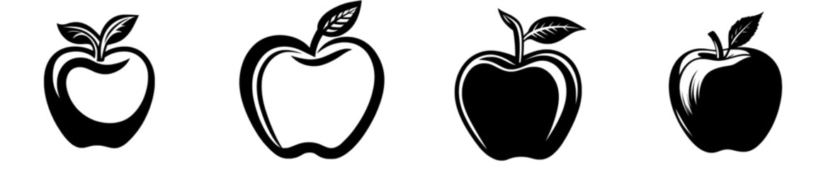 The symbol of an apple is represented by a black silhouette isolated on a white background as a modern outline icon