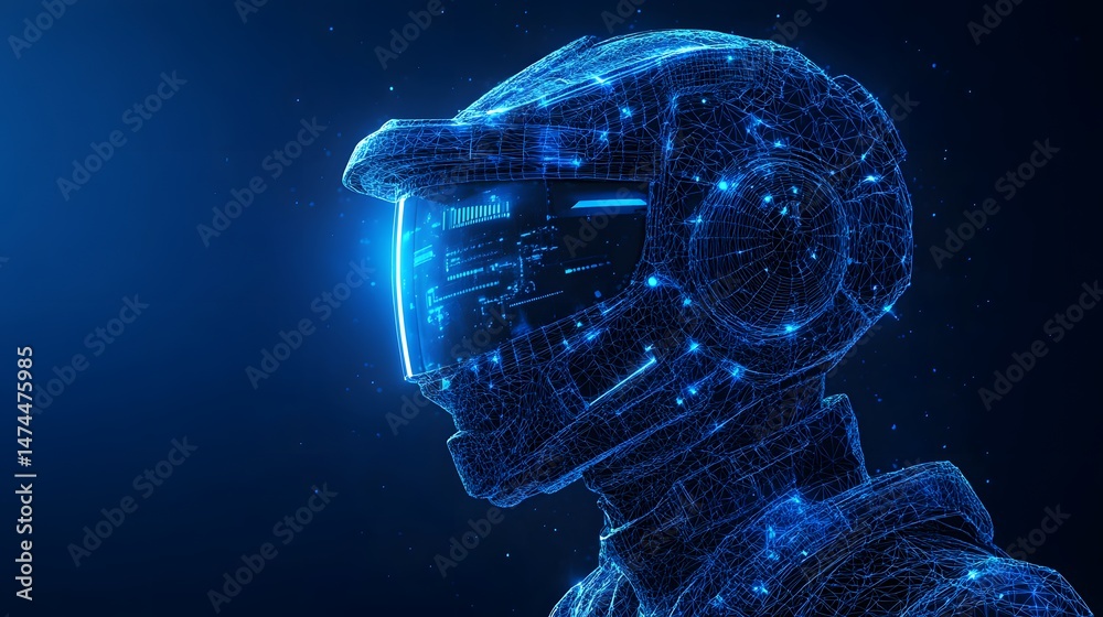 Poster Futuristic wireframe figure with a glowing blue helmet and digital visor displays. A mesh-like structure evokes advanced technology. Abstract wireframe in dark blue.
