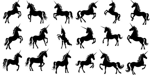 Modern black silhouettes of unicorns with a rebellious mythical nature