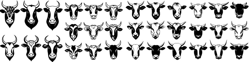 Modern portraits of isolated cow heads are used for cattle faces on natural dairy product packaging from farms