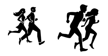 Fototapeta premium Modern illustration of a running man and woman in black silhouette, isolated on a background, depicting a couple jogging together