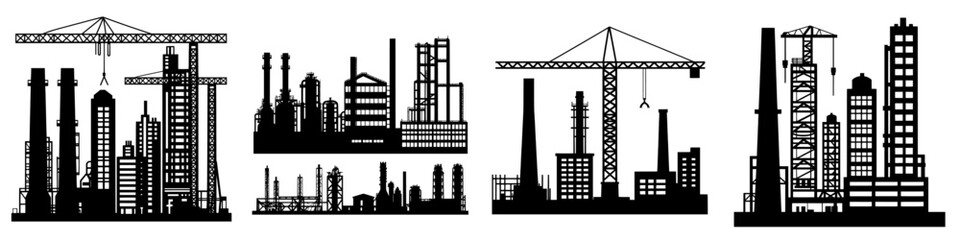 Skylines of modern industry are prevalent, with silhouettes of factories and work buildings