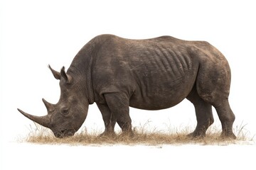 Fototapeta premium A large rhinoceros grazes peacefully in a dry, grassy field.