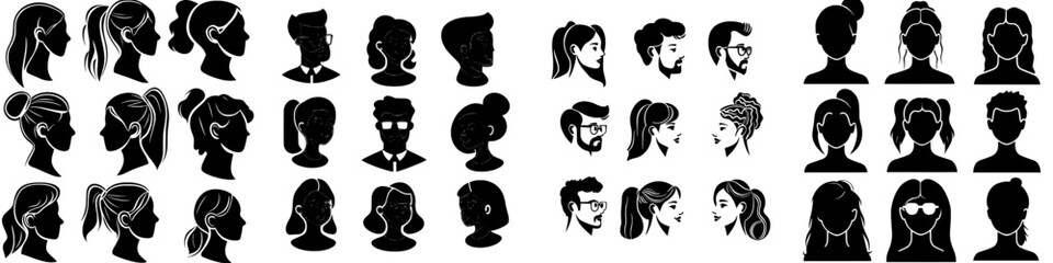 Modern silhouettes of a man and a woman's face are depicted, along with male and female heads