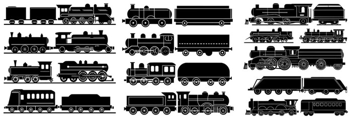 Black silhouettes of trains and wagons symbolize modern railway transportation for cargo and passengers © Andrei