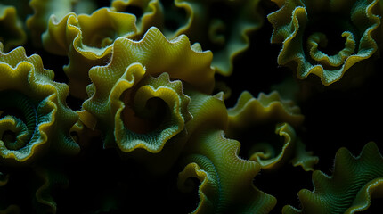 A detailed close-up of olive green scroll algae, showcasing its intricate, spiraling leaf-like structures against a dark background.