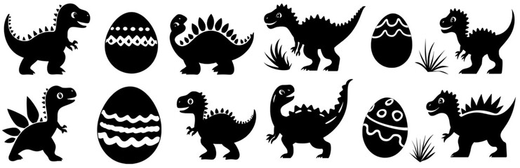 This modern illustration showcases the silhouettes of various dinosaurs, including Stegosaurus, Brontosaurus, Velociraptor, Triceratops, Tyrannosaurus rex, and Spinosaurus