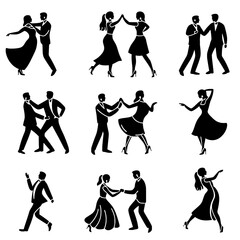 Dancing people icons and modern dance class symbols are depicted as modern silhouettes