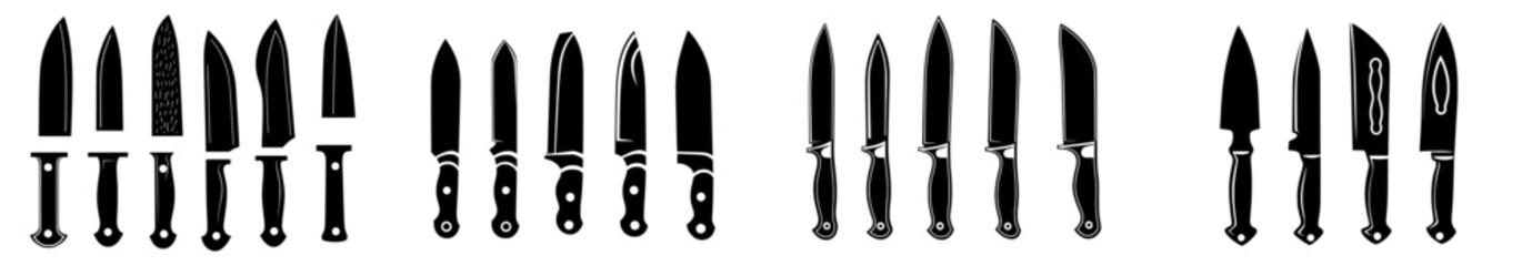 A set of kitchen knives, including those used by chefs and butchers, is represented by modern silhouette icons