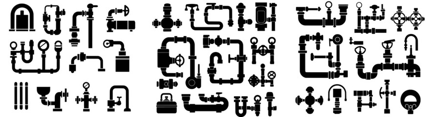 Icons for pipe fittings and water tubes, including plumbing and construction pipeline, are part of a modern industrial drainage system set isolated