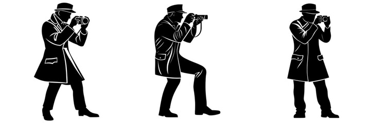 Detective silhouettes are shown alone on a white background, with modern policeman illustrations and a depiction of a detective or private investigator