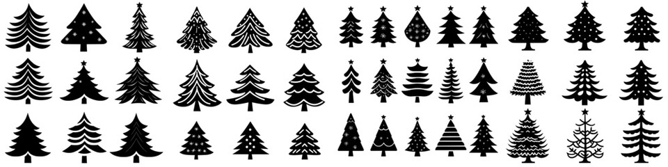 A modern collection of flat Christmas winter trees adorned with festive Xmas decorations and set against black fir tree silhouettes, along with a big set of Christmas winter trees