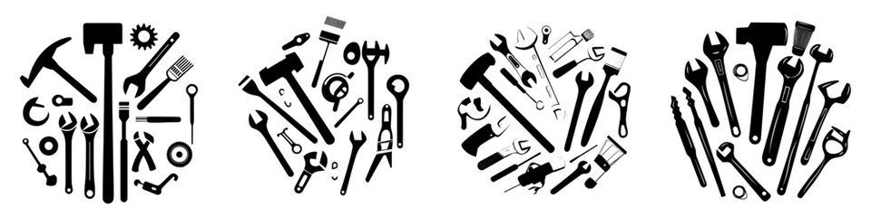 Modern illustration of repair and construction tools as flat icons in a round concept isolated on a white background