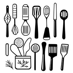 Isolated on a white background is a set of kitchen objects drawn by hand