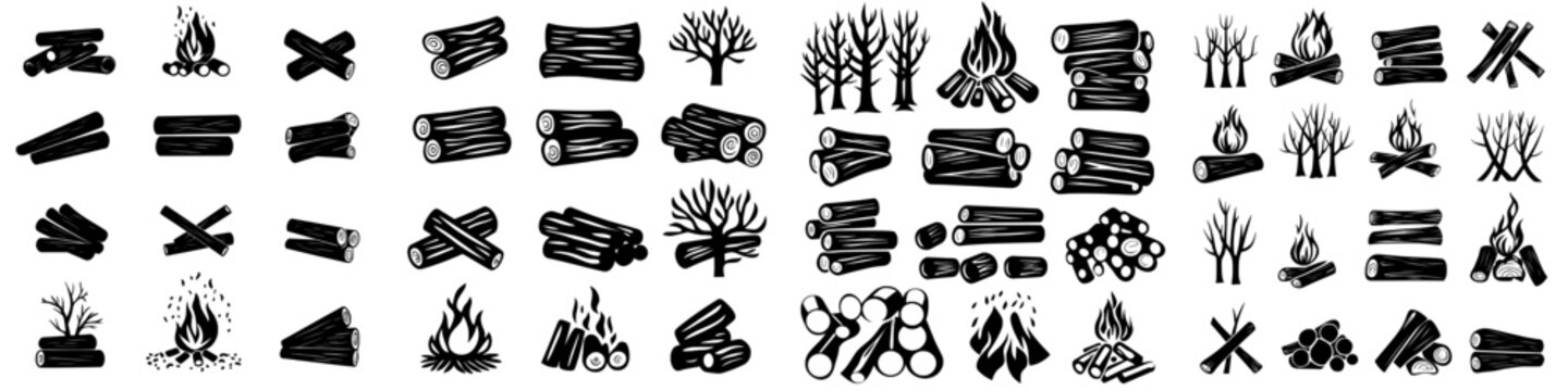 Modern illustration of black silhouettes of wooden logs for fire isolated on a white background