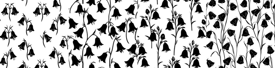 A modern design featuring campanula silhouettes set against a black and white natural backdrop