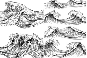 Fototapeta premium Seamless ocean storm waves with a wavy blue water surface and a splash silhouette are bordered by sea waves in a horizontal frame, as seen in a modern isolated set