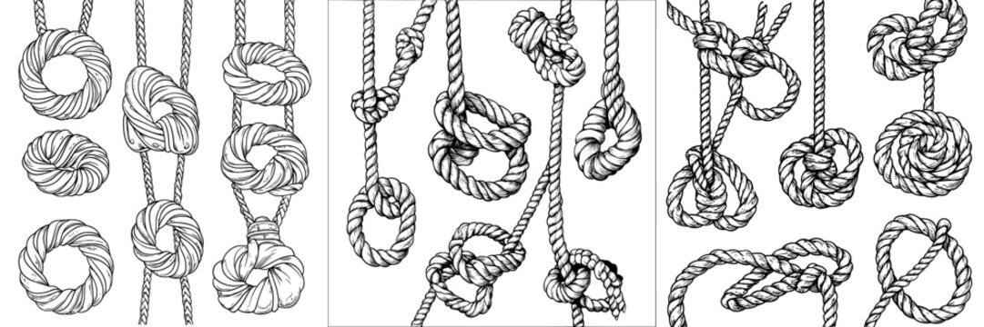 A nautical knot is part of a modern set with marine rope borders that feature knots and navy tying frames