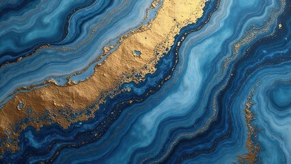 Obraz premium Iridescent swirl, gold and sapphire hues, ethereal flow, metallic, gold, fluid