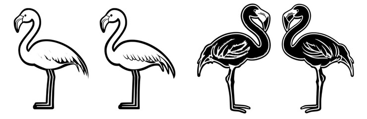 Fototapeta premium A modern flamingo is depicted in isolation on a white background, shown in both outline and silhouette form