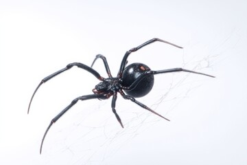 Close-up of a black spider on its web against a white background.