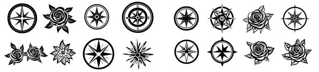 A vintage compass is depicted alongside a nautical wind rose, compasses for travel maps, and vintage marine navigation arrow symbols, all part of a retro outline modern set