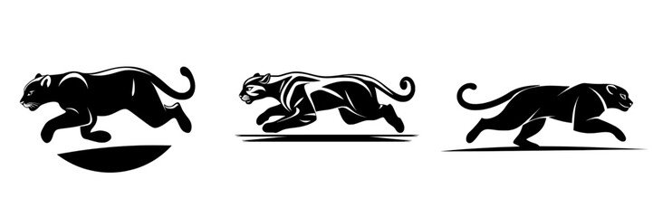 A wild black panther, also known as an isolated puma or cougar, with a modern running or jumping leopard silhouette © Andrei