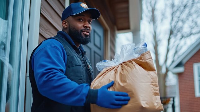 A delivery driver unloading bags of groceries at a customer door