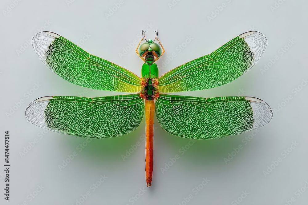 Poster detailed close-up of a vibrant green dragonfly showcasing intricate patterns and colors against a ne