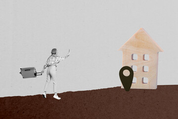 Composite 3d image photo collage of happy girl guy stand house relocation gps icon summer new...