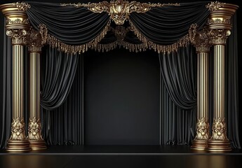 3D black stage with golden Baroque columns and curtains