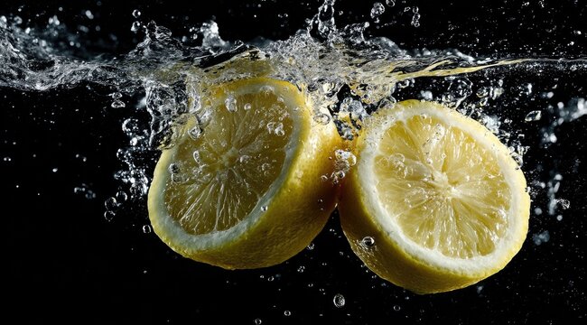 Fresh lemon slices splashing in water