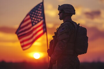 American Soldier in Uniform Standing by U.S. Flag at Sunset for Memorial Day Tribute