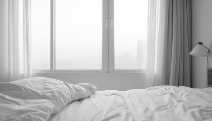 Inviting bedroom decor, serene white bedding and natural light by the window cozy