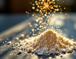 natural sweeteners like stevia and honey powder, sparkling softly under soft lighting.