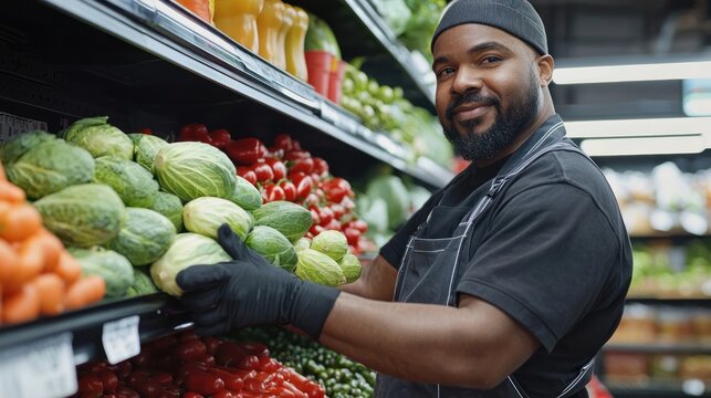 A grocery clerk stocking fresh produce on the shelves