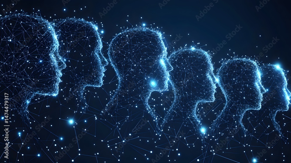 Poster Abstract wireframe rendering shows interconnected human head profiles illuminated with blue lines and dots against a dark backdrop, symbolizing digital connectivity. Abstract wireframe in dark blue.