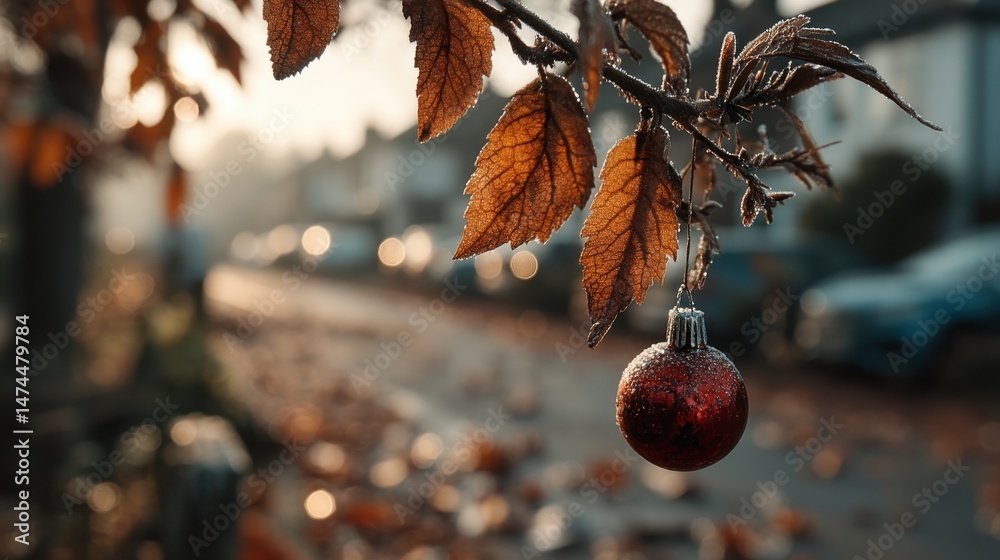 Poster a red ornament is hanging on a tree.stock image
