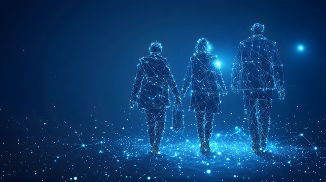 Futuristic figures walk into a digital world. Glowing blue networks suggest connectivity and anonymity. A modern abstract wireframe in dark blue emphasizes tech themes.
