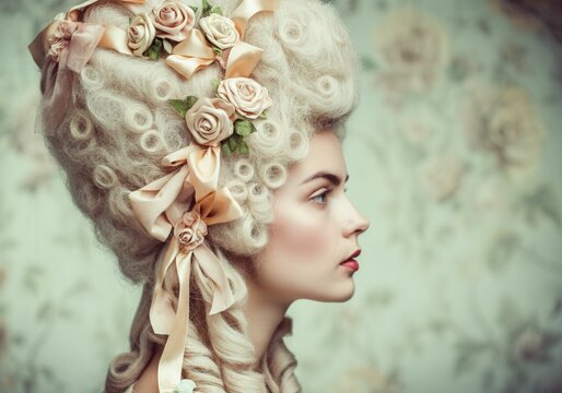 Elegant woman with vintage Rococo hairstyle adorned with roses and ribbons