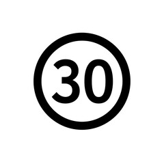 Obraz premium Clear black and white icon of a 30 speed limit sign, ensuring road safety by indicating maximum speed in a designated zone.