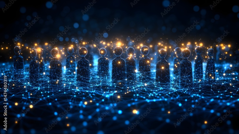 Poster Stylized human figures connected by an intricate network of blue lines and illuminated by blue and orange light dots. A technological representation of unity. Abstract wireframe in dark blue.
