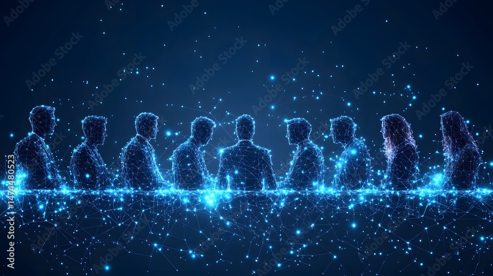 Poster futuristic meeting scene with blue wireframe figures against a dark blue background, symbolizing con