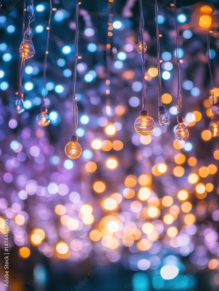 Wall mural hanging string lights illuminate festive bokeh background in vertical close up view for holiday cele