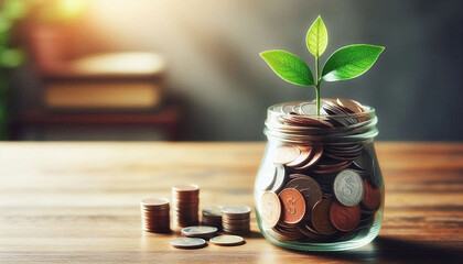 A small plant growing from a jar filled with coins symbolizes long-term investment and financial prosperity