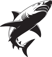 Obraz premium Shark black silhouette with open jaws and fins, showcasing danger and ocean life in a minimalist vector