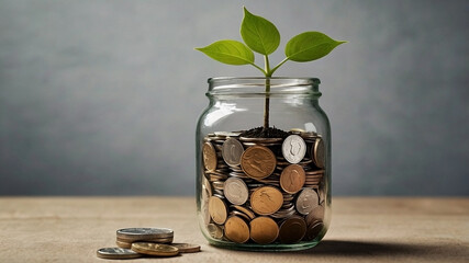 A small plant growing from a jar filled with coins symbolizes long-term investment and financial prosperity